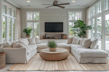 Fototapeta premium Bright coastal farmhouse living room with white oak flooring, shiplap accent wall, L-shaped couch, wooden coffee table, and natural lighting.