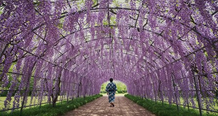 Man Boy with Summer Yukata in corridor tunnel decorated with purple wisteria flowers - Powered by Adobe