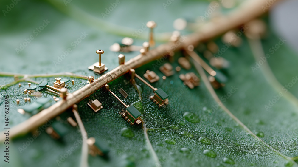 Poster tech-enhanced leaf: a close-up shot of a verdant leaf adorned with intricate circuits, a thought-pro