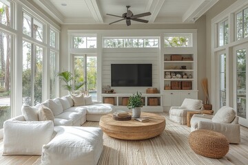 Fototapeta premium Bright coastal farmhouse living room with white oak flooring, shiplap accent wall, L-shaped couch, wooden coffee table, and natural lighting.