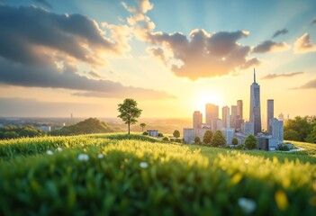 Small miniature cityscape on the green field with beautiful skylight 