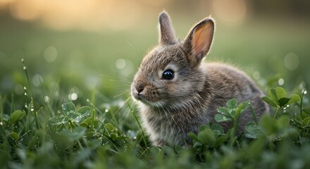 Fototapeta premium Adorable Baby Bunny in Dew-Kissed Grass: A Serene Springtime Image
