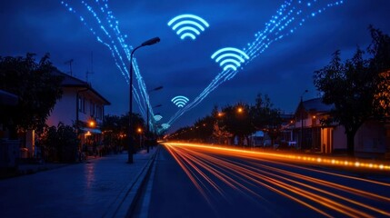 Fototapeta premium Wi-Fi network illuminating night city street