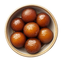 Indian sweet gulab jamuns are in a bowl, isolated on white background.