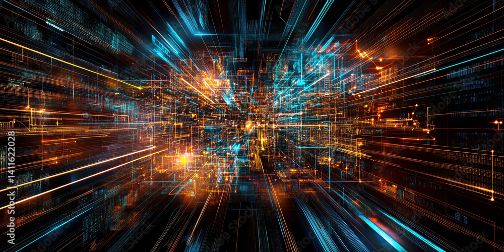 Aufkleber a captivating representation of digital landscapes with vibrant light trails and data streams, showc