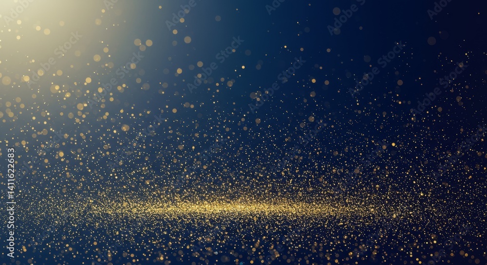 Poster golden dust particles floating - shimmering gold dust particles floating on a dark blue background, 