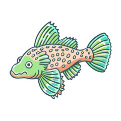 Adorable Cartoon Illustration of a Spotted Green and Peach Fish with Elaborate Fins