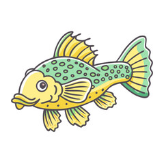 A charming cartoon illustration of a vibrant green and yellow fish with intricate details