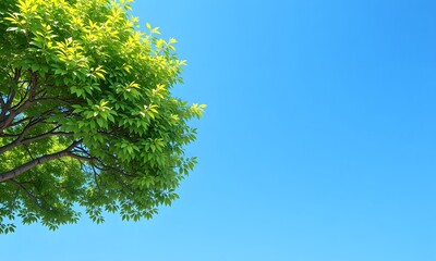 Obraz premium Green tree leaves under bright blue sky.