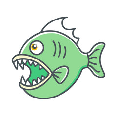 A cartoon illustration of a large green fish with sharp teeth and a big open mouth