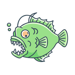 A Cartoon Illustration of a Green Anglerfish with Sharp Teeth and a Luminous Lure