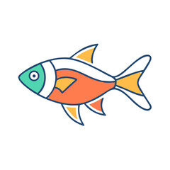 A vibrant illustration of a stylized cartoon fish with orange and teal colors