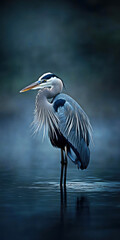 A stunning heron stands elegantly in calm waters, showcasing its striking plumage against a serene, blurred background.