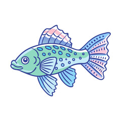 Charming illustration of a pastel blue and green spotted fish with vibrant tail fins