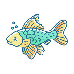 A Cute Cartoon Illustration of a Teal Yellow and Orange Fish Swimming in Water