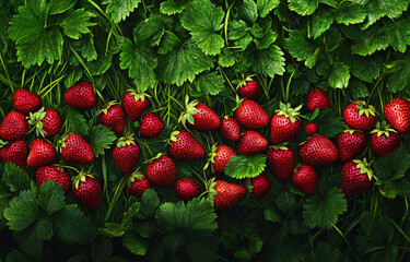 A vibrant display of ripe strawberries amidst lush green foliage, showcasing nature's bounty.