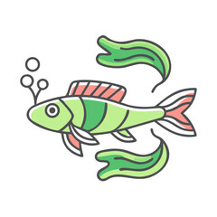 A vibrant illustration of a whimsical green and pink fish swimming amidst flowing seaweed