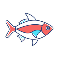 A stylized illustration of a vibrant red and white fish with teal accents swimming gracefully