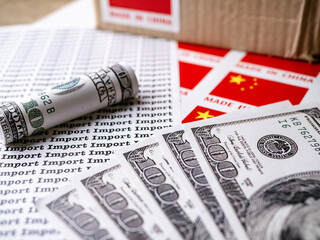Words Import Seamless print on paper with MADE IN CHINA Lable and Dollar Bill for trading export...