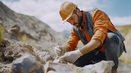 Geologist studying rock formations and soil samples to locate lithium deposits. Featuring geological exploration
