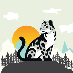 Flat 2D minimalistic Vector Illustration of a Snow Leopard seating on a stone in the background there is a mountain range and trees © NIHAR