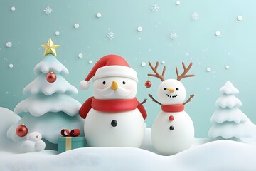 Fototapeta premium A charming Christmas scene, adorned with cheerful snowmen and festive decorations, creating a whimsical winter wonderland atmosphere.
