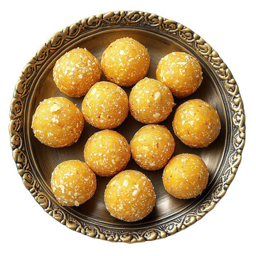 Plate of motichoor laddu, isolated white background.