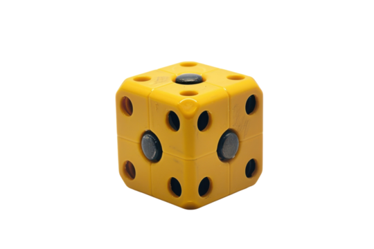 A vibrant yellow counting cube with colorful dots reflecting playful learning and creativity on a bright, clean surface isolated on transparent background