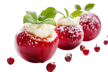 Deliciously crafted red fruit dessert garnished with cream and mint, beautifully presented on a bright white background isolated on transparent background