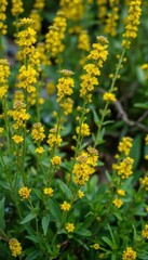 Obraz premium Bushy upright stems, vibrant green foliage, tiny sunny yellow blooms, spring, texture