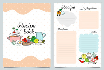recipe book vertical pages, doodle hand drawn vegetables and fruits, kitchen, template, vector