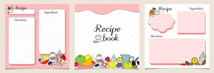 set of recipe blank  and cover pages, cards, square, pink dots background, template, copy space, food vector illustration