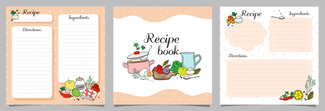 recipe book square pages set , doodle hand drawn vegetables and fruits illustration, kitchen, template, vector