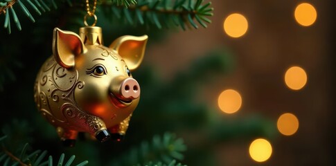 Obraz premium Ornate gold pig bauble hangs on a fir bough, twinkling lights in background , celebration, lights
