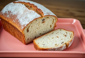 Delicious Homemade Raisin Bread Loaf Sliced on Pink Tray Ready to Eat