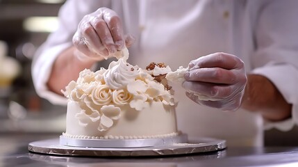 Masterful Cake Decoration with a Pastry Chef's Precision for culinary art skill precision gourmet confectionery concept.