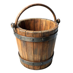 Fototapeta premium Antique Wooden Bucket with Iron Bands: Rustic Charm and Vintage Appeal