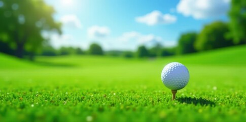Perfectly positioned golf ball on lush green, sunny blue sky, relaxation, picture