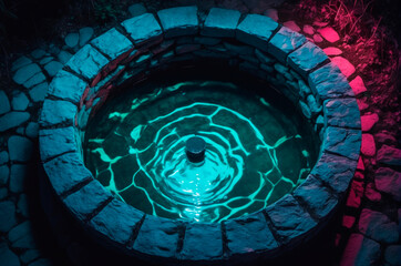 Mystical Stone Water Well with Colorful Neon Lights. Generative AI.
