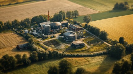 Aerial view of a biogas plant surrounded by agricultural fields. Illustrates green energy, sustainable farming, and rural development.