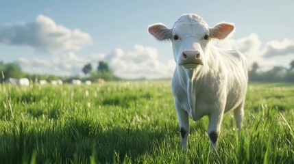 A young white cow standing in a green grassy field