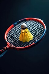 Badminton racket, shuttlecock nestled in strings, competition, strings