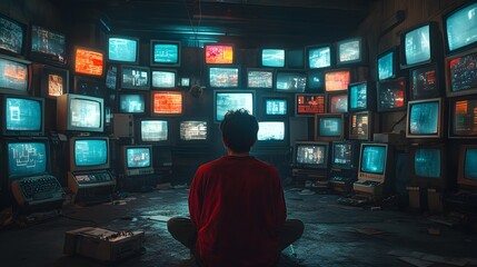 Digital Captivity: An In-Depth Portrayal of a Human Spirit Entrapped by Mesmerizing Digital Screens, Illustrating the Profound Impact of Technology-Induced Addiction and Inner Conflict