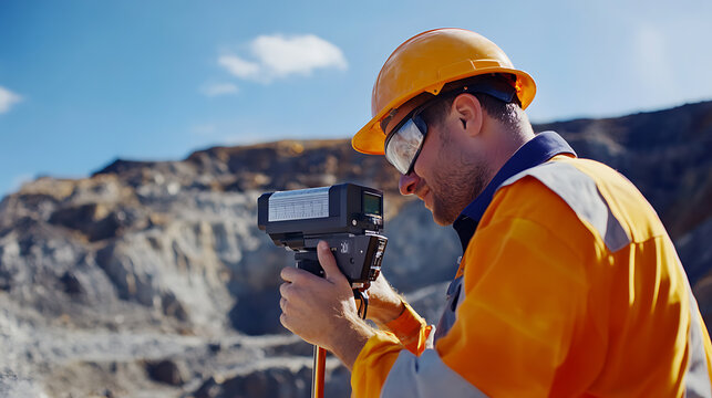Geologist taking measurements with a laser rangefinder to assess lithium deposit depth at a mine. Featuring laser measurement