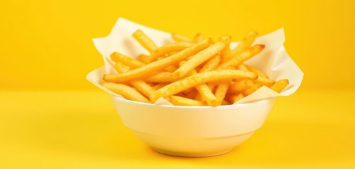Golden french fries in a white bowl against a vibrant yellow background, bowl, cafe