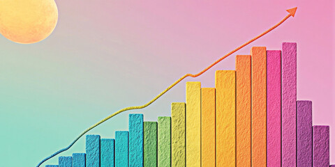 A colorful bar graph with a rising trend line against a gradient background symbolizes progress and growth, illustrating data analysis and business success in a creative way.