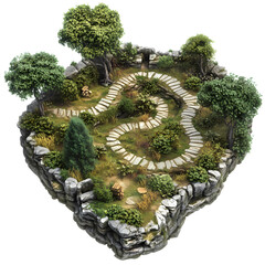 Serene garden pathway winding through lush greenery and stone borders, inviting tranquility