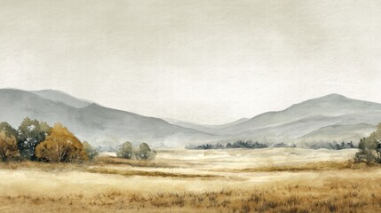 Fototapeta premium Watercolor of landscape forest misty mountains horizon and fog and hills,pine tree fir tree,Autumn forest background,drawn by hand,Autumn illustration design elements for landscape,wallpaper.