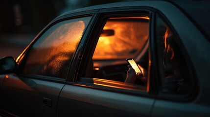 Closeup of hand holding smartphone with white mockup on screen,black mobile phone in hands with blank desktop screen while car driving,Mockup image,Copyspace for text.