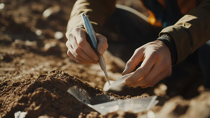 Geologist testing soil samples from a lithium extraction site to assess quality. Featuring soil analysis